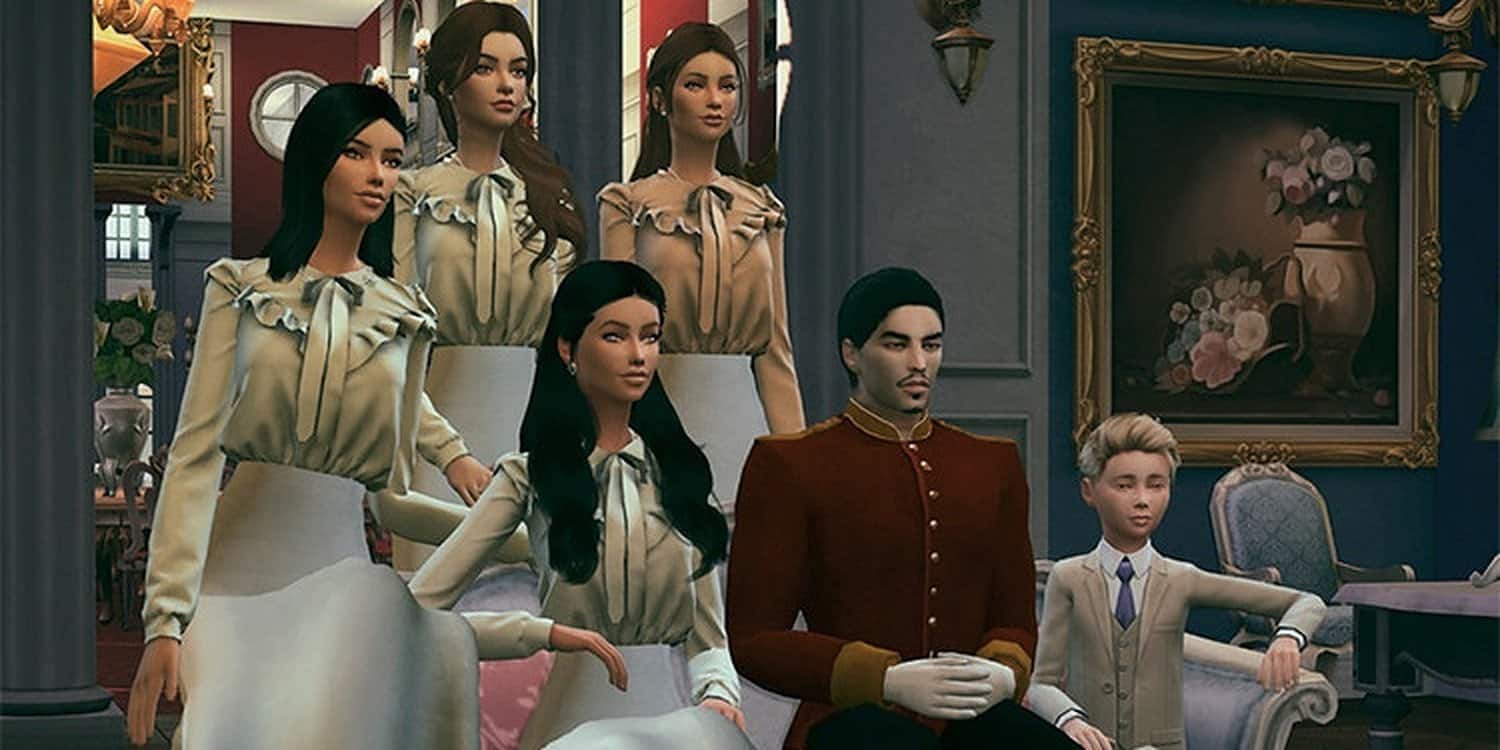 A family holds a pose in The Sims 4.