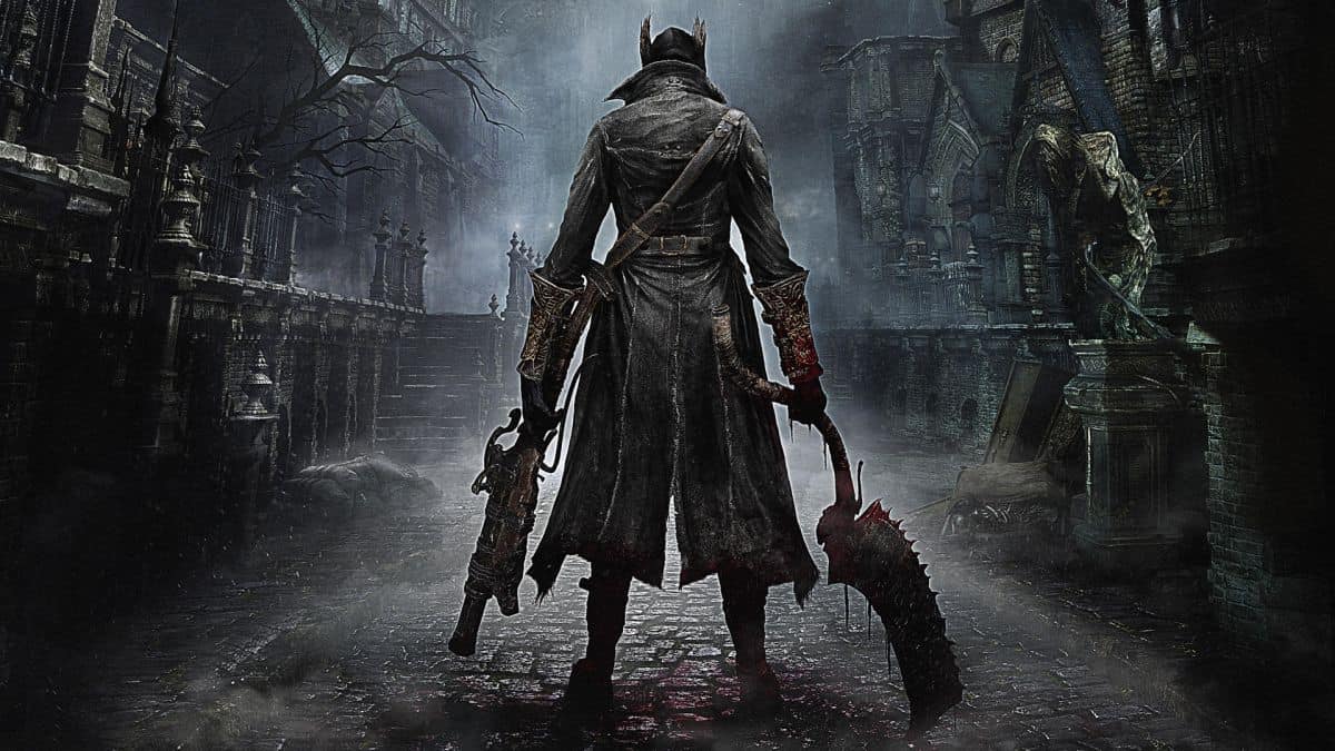 A cover image of Bloodborne with a character holding weapons in both hands.