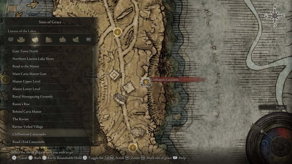 Cliffbottom Catacombs shown on the map.