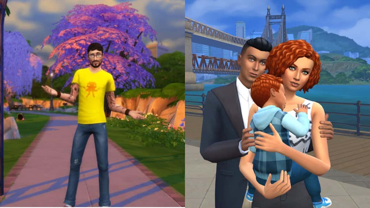 A family on the right and single Sim on the left both holding poses.