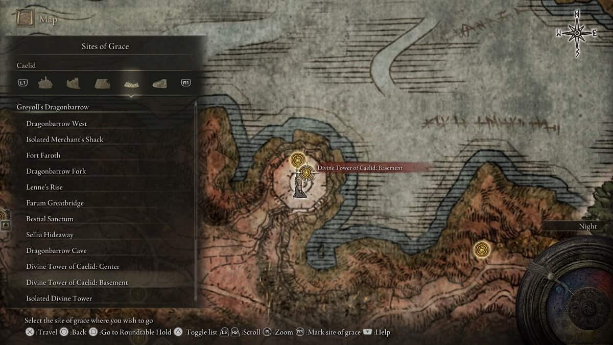 Divine Tower of Caelid Basement shown on the map.