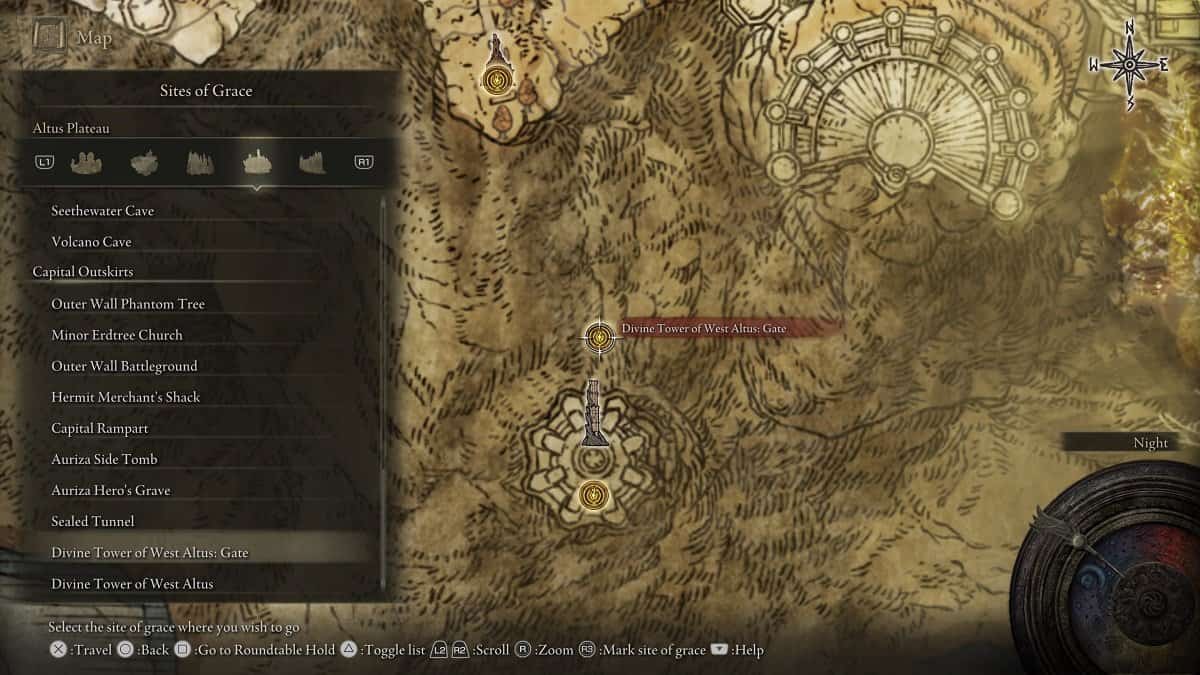 Divine Tower of West Altus Gate shown on the map.