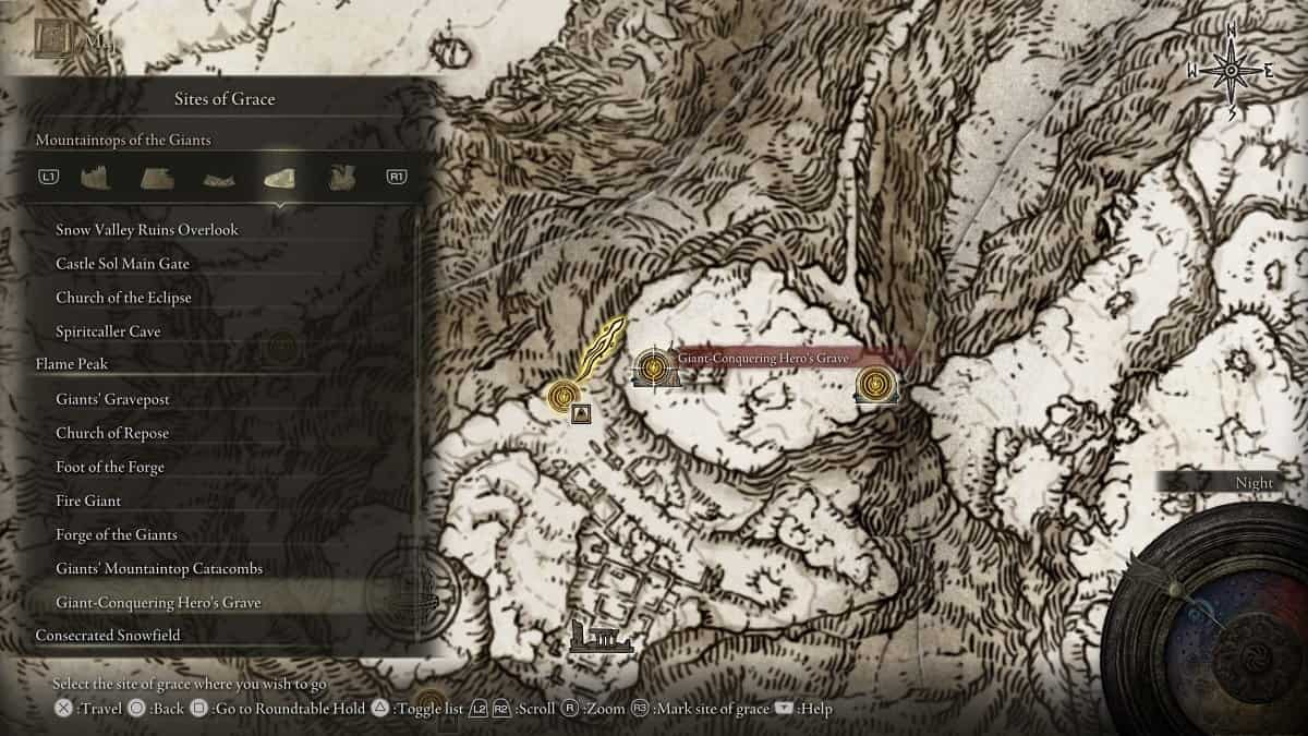 Giant-Conquering Hero's Grave shown on the map.