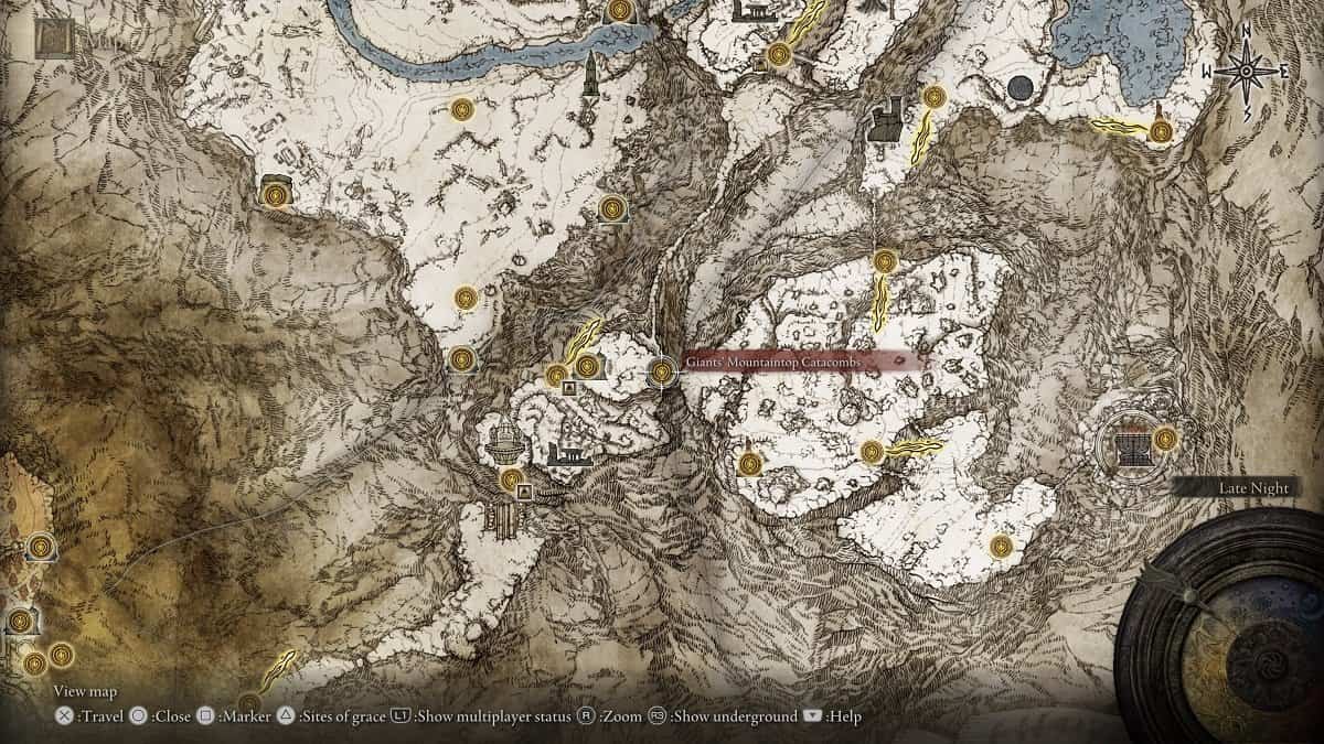 Giants' Mountaintop Catacombs shown on the map.