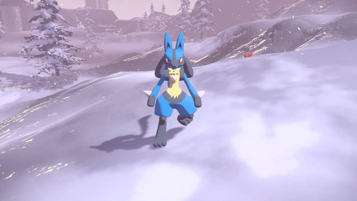 Lucario standing on a snowy hill.