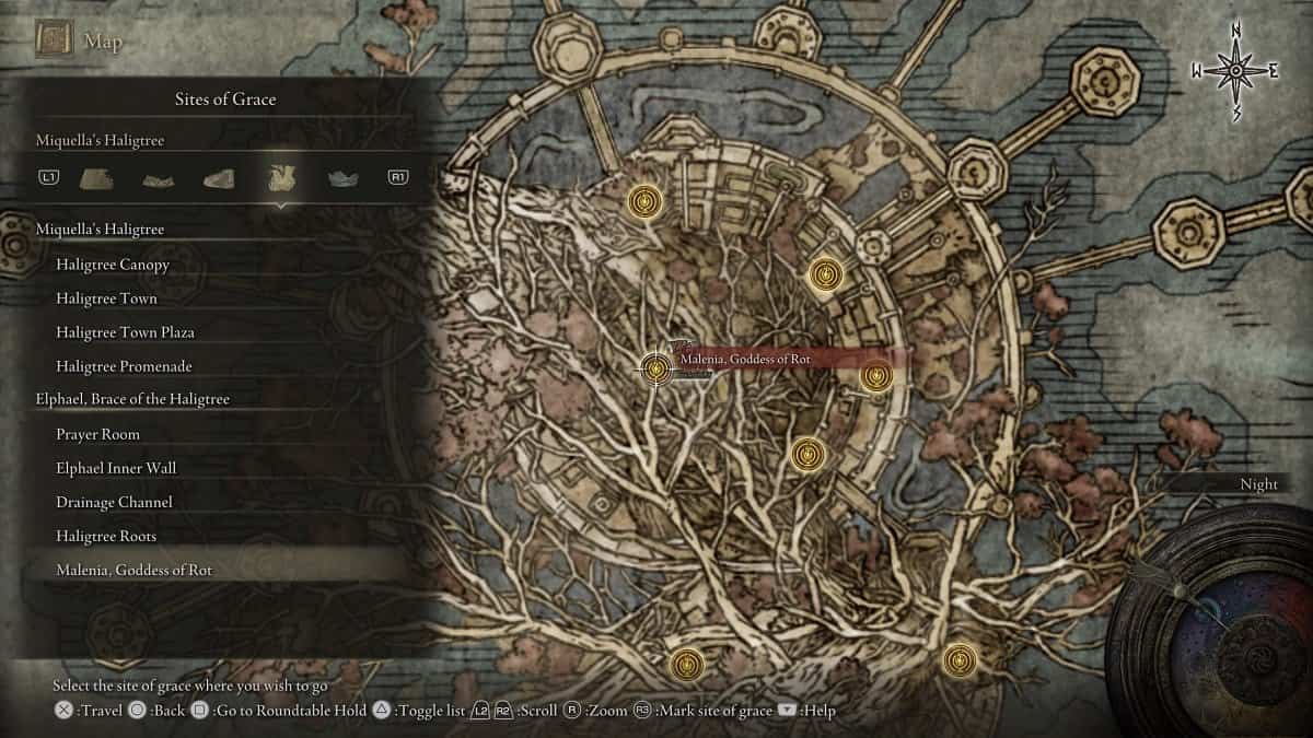 Malenia, Goddess of Rot shown on the map.
