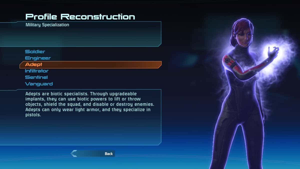 Mass Effect screen that highlights the Adept class.