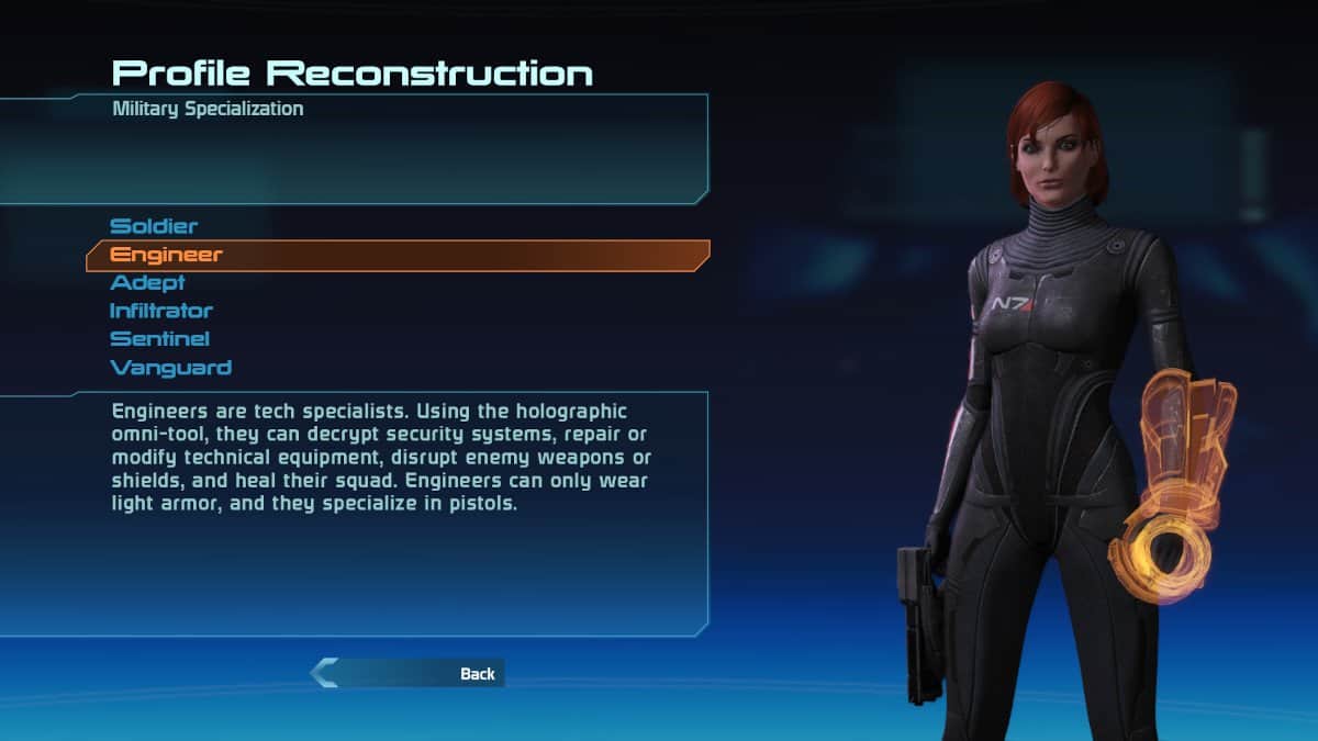 Mass Effect screen that highlights the Engineer class.