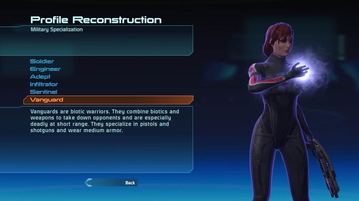 Mass Effect screen that highlights the Vanguard class.