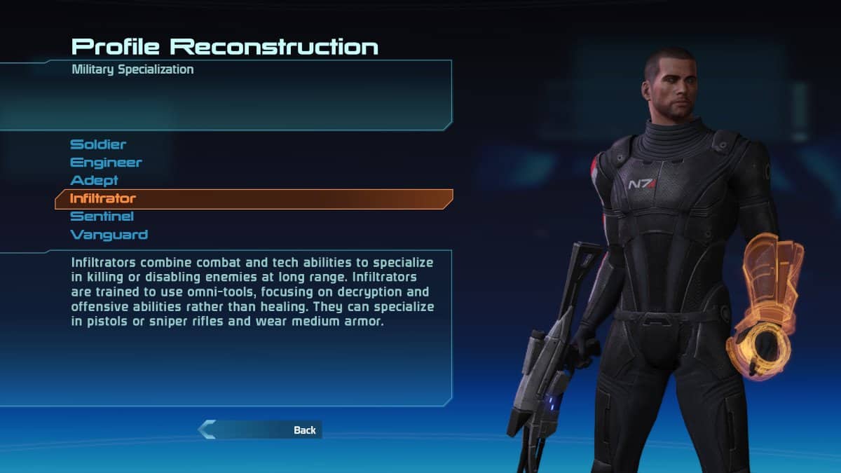 Mass Effect screen that highlights the Infiltrator class.