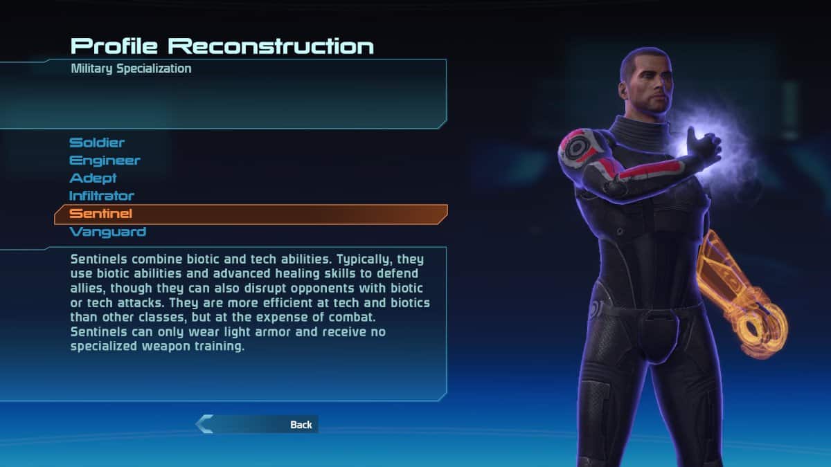 Mass Effect screen that highlights the Sentinel class.