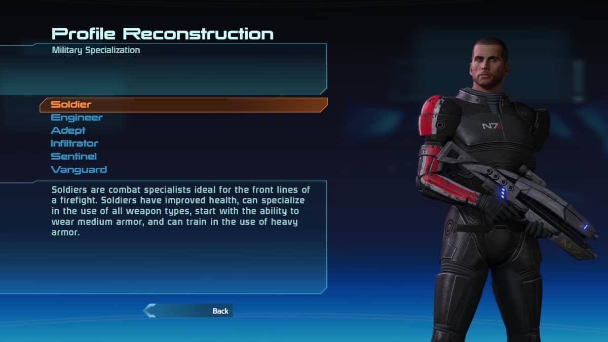 Mass Effect screen that highlights the Soldier class.