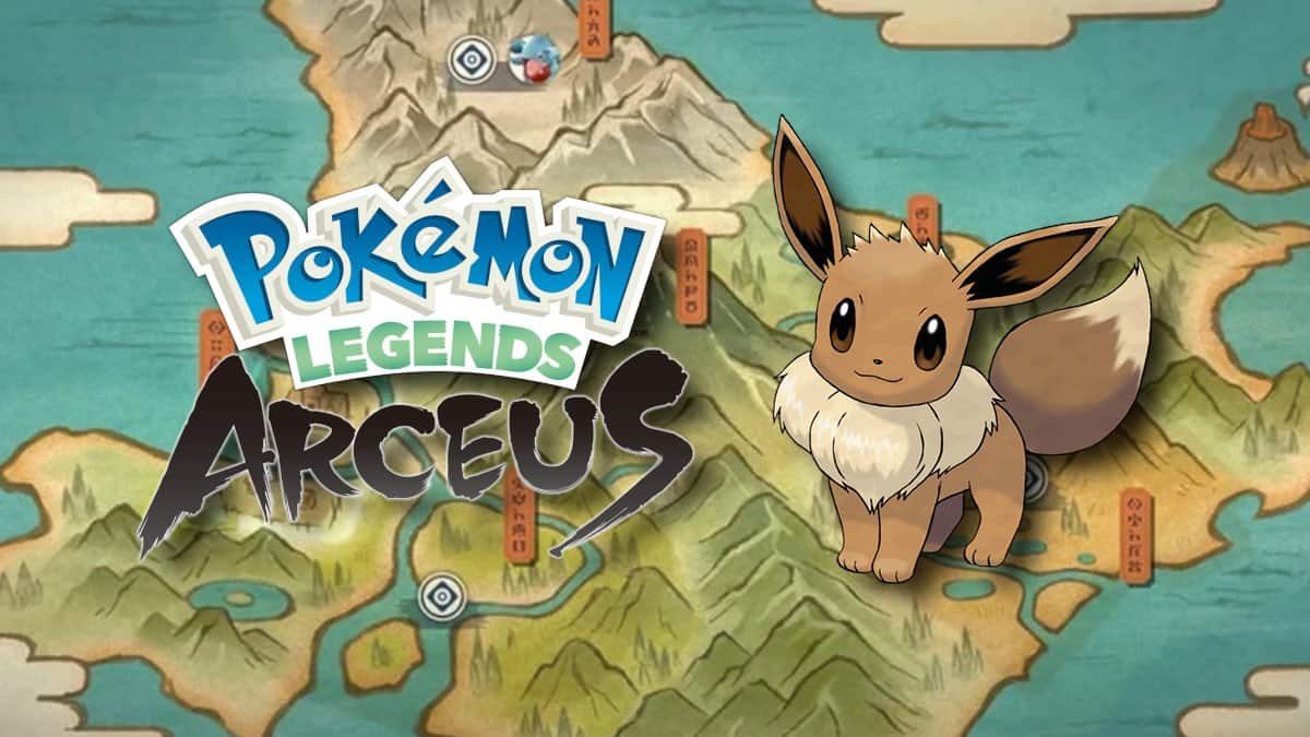 Pokémon Legends: Arceus logo with Eevee and map on background.