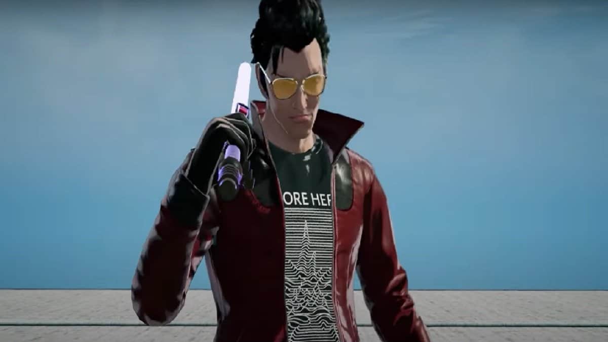 Travis Touchdown holding his weapon over his shoulder.