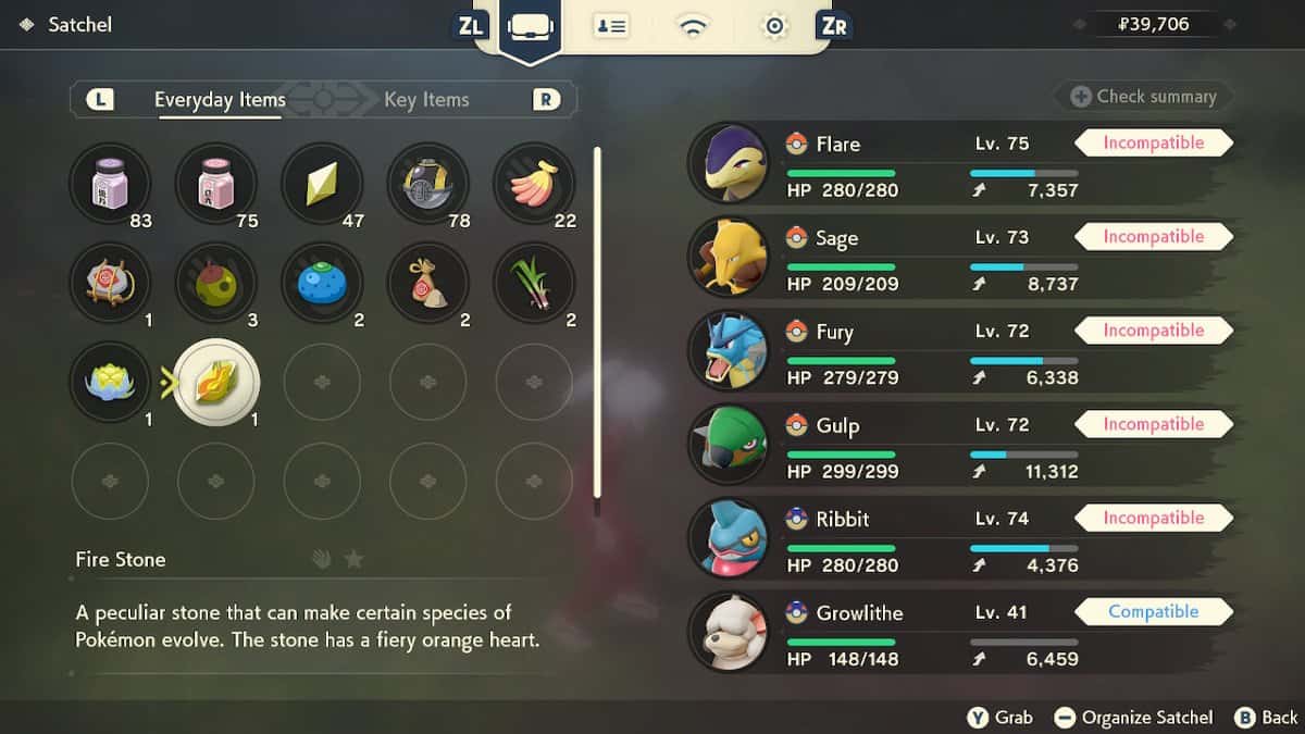 A player with both a Fire Stone and a Growlithe in their party menu.