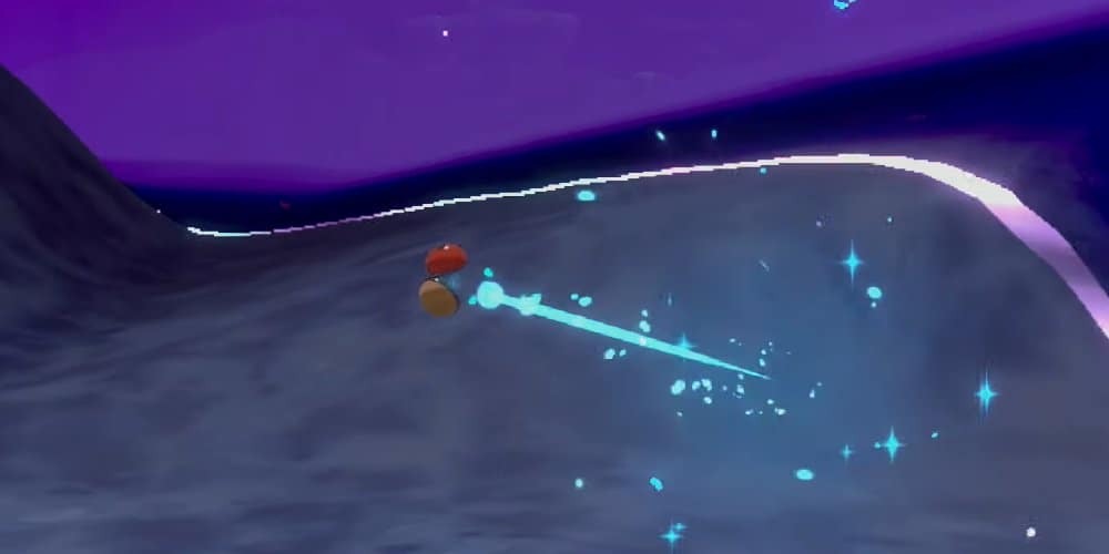 A player catching a Pokémon in a space-time distortion in the Obsidian Fieldlands.