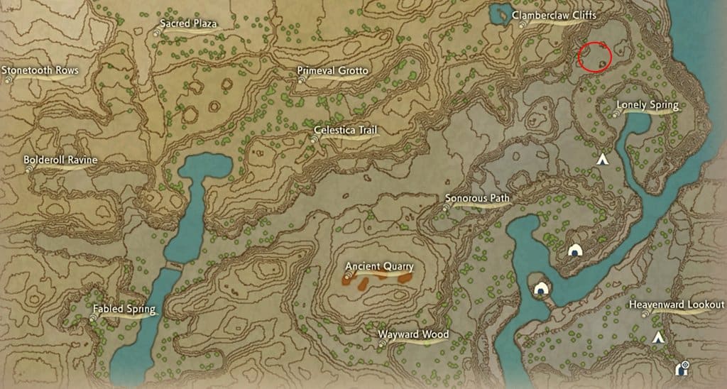A red circle on the map showing where Darkrai spawns in the Coronet Highlands.