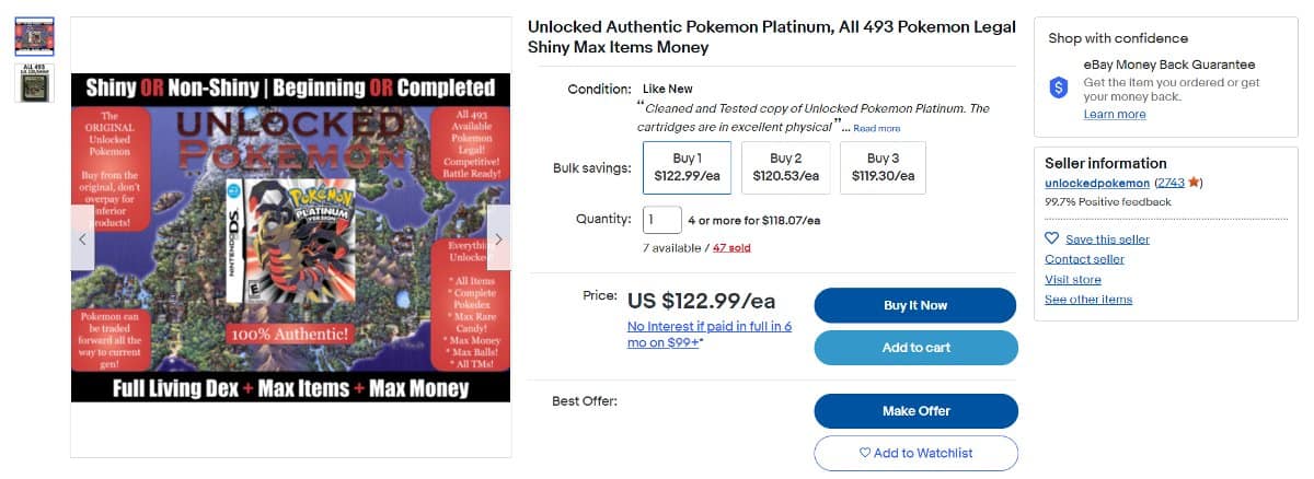 A physical unlocked copy of Pokémon Platinum version on sale on eBay.