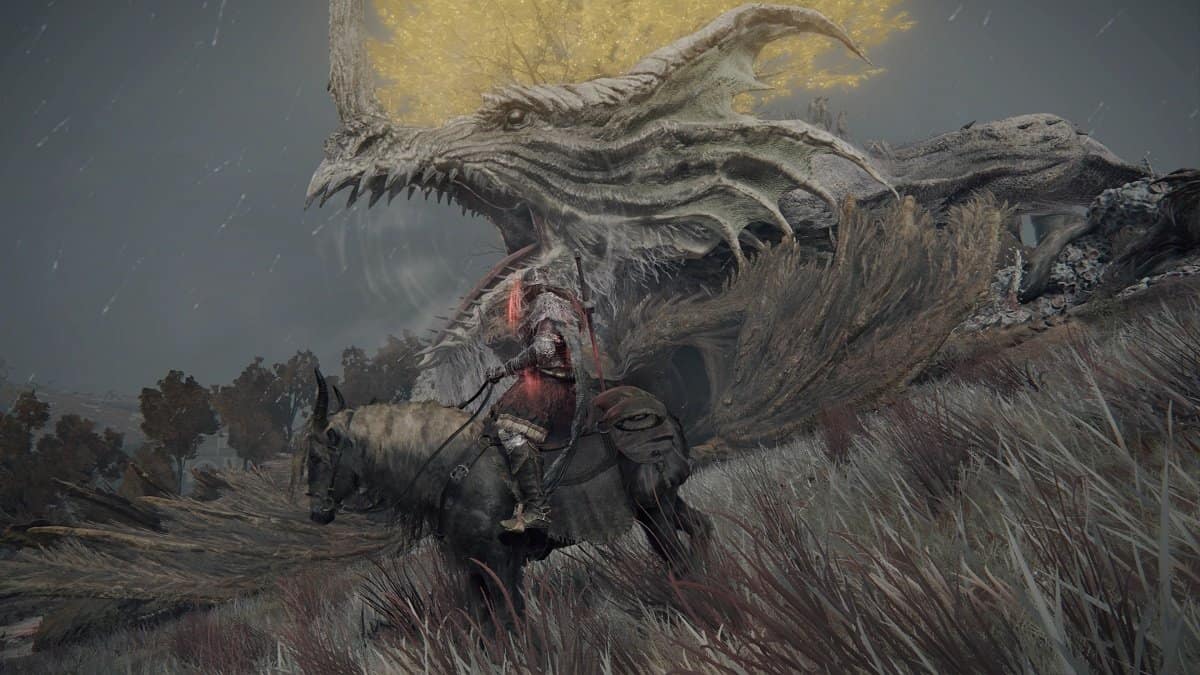 The Tarnished riding towards the Elder Dragon Greyoll.