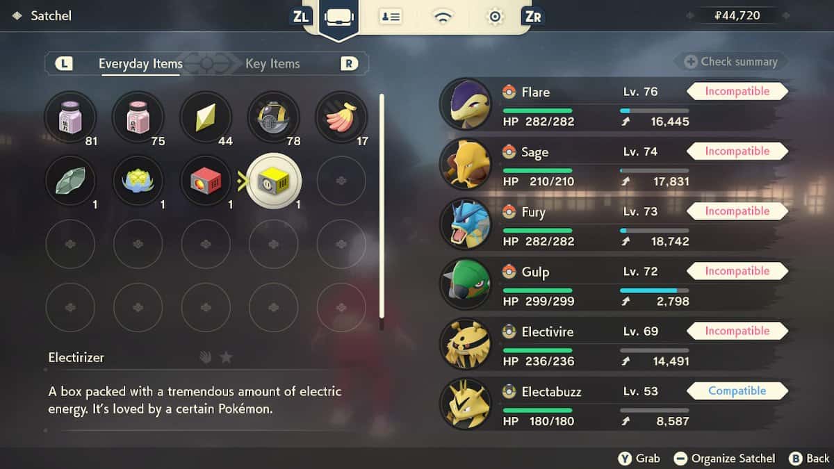 A player looking at an Electirizer in their inventory with an Electabuzz in their party.