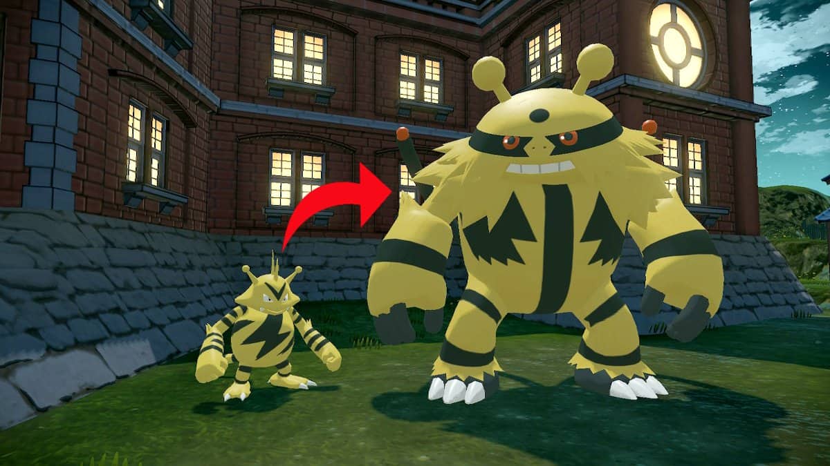 An Electabuzz standing next to an Electivire with a red arrow pointing from one to the other.