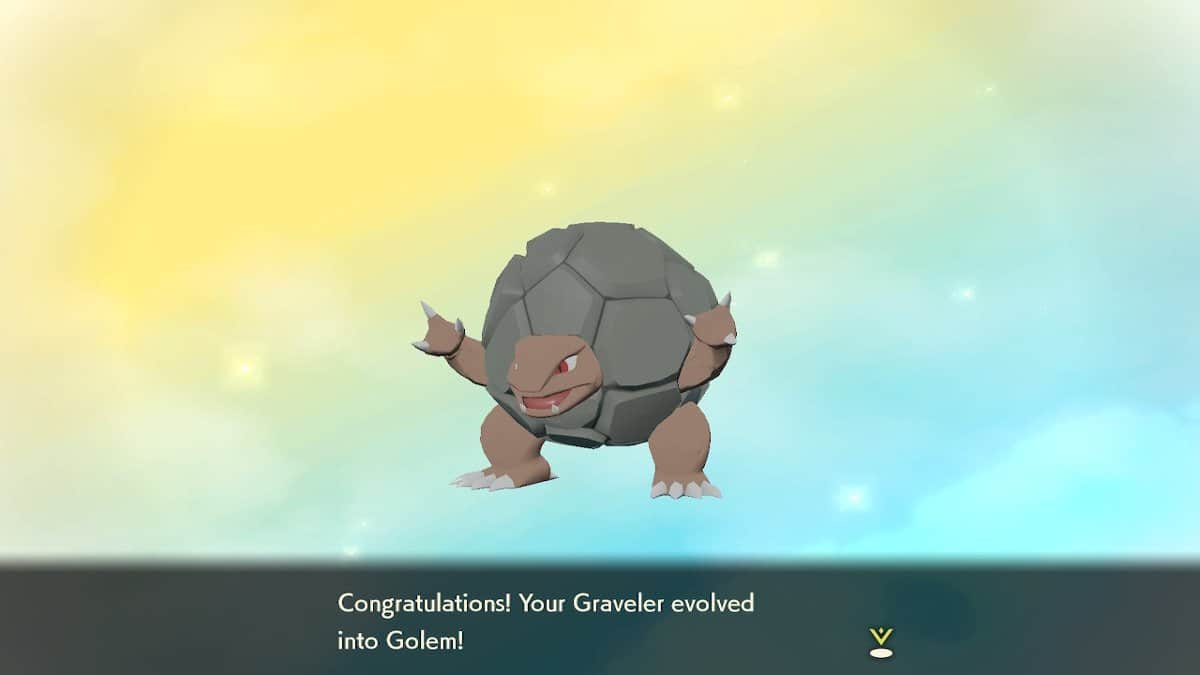 Golem standing in front of a yellow and blue background with congratulatory text underneath it.