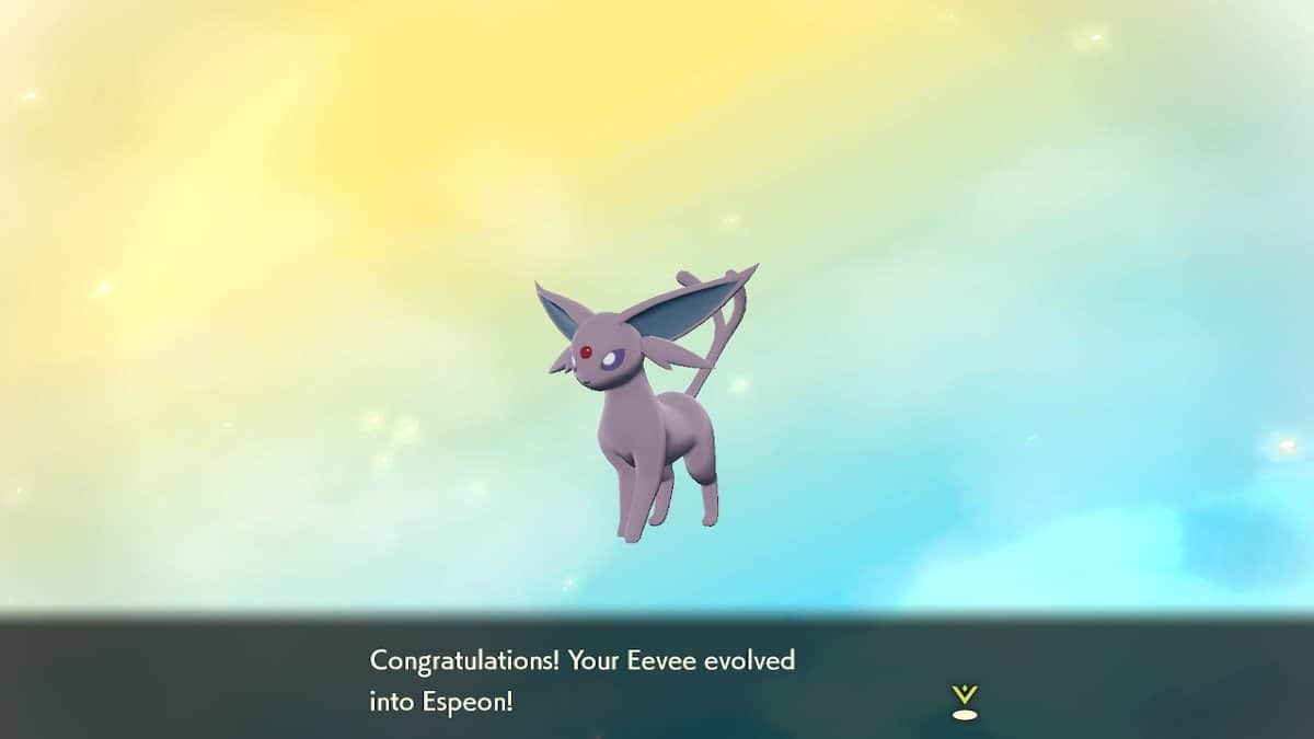 One of the Eevee evolutions. Espeon is standing in front of a yellow and blue background with congratulatory text underneath them.