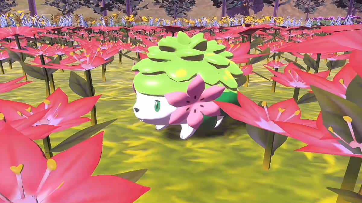 A close-up of Shaymin among some flowers during a cutscene.