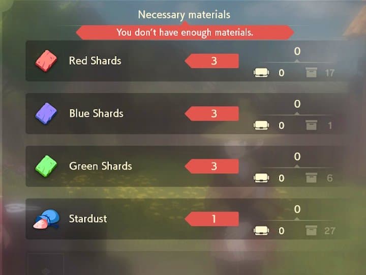 The crafting requirements for Star Pieces, which list red, green, and blue Shards as well as Stardust.