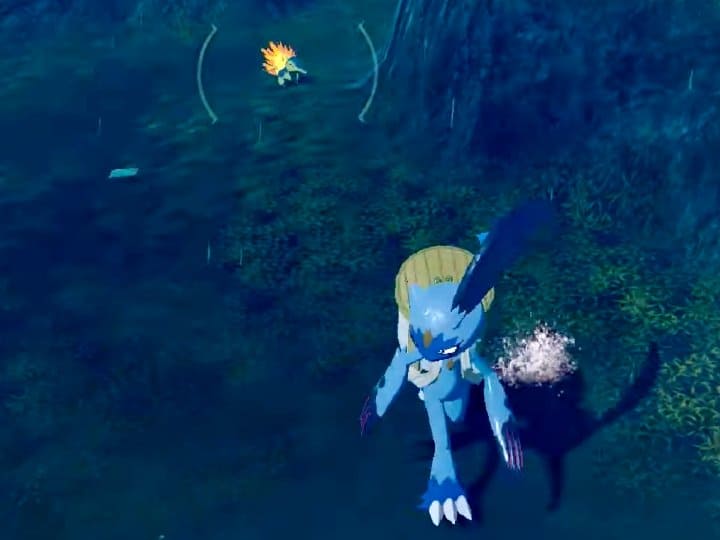 A player riding Sneasler encountering a Cyndaquil in a dark, hilly area.