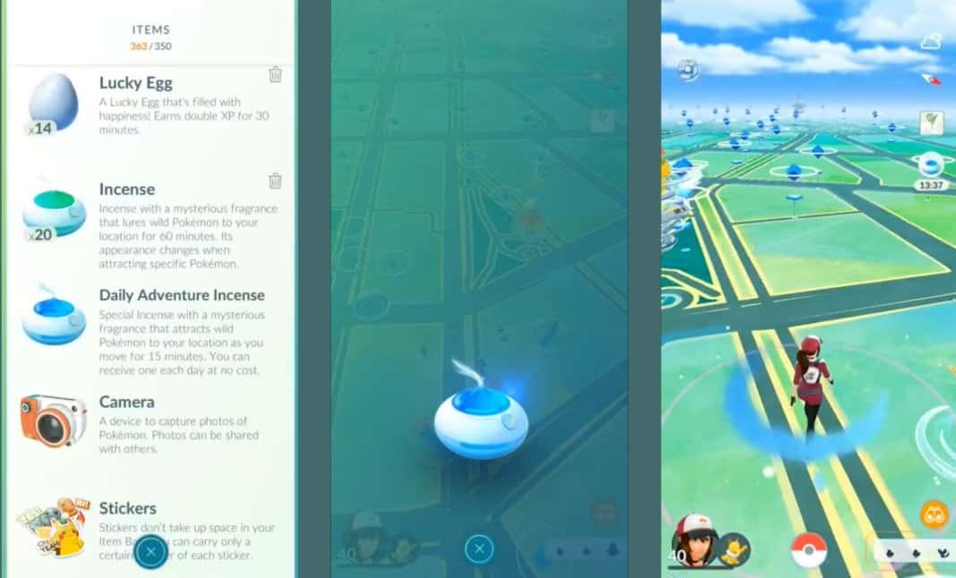 Pokémon GO inventory highlighting Daily Adventure Incense, character walking around with Incense active.