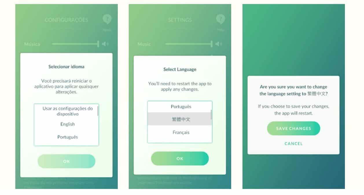 Select language screen in Pokémon GO.