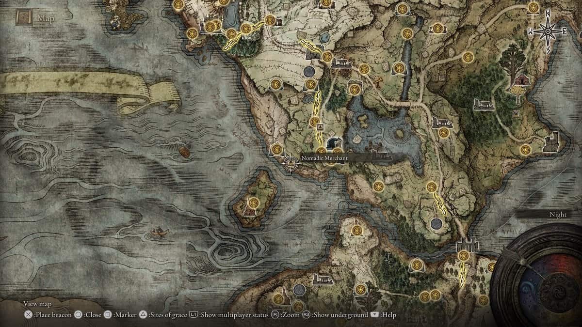 The location of the Nomadic Merchant in western Limgrave.
