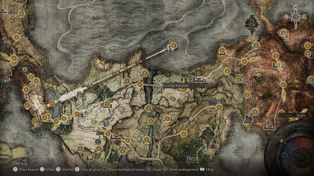 The location of the Nomadic Merchant in northern Limgrave.