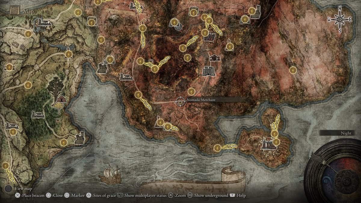 The location of the Nomadic Merchant in southern Caelid.