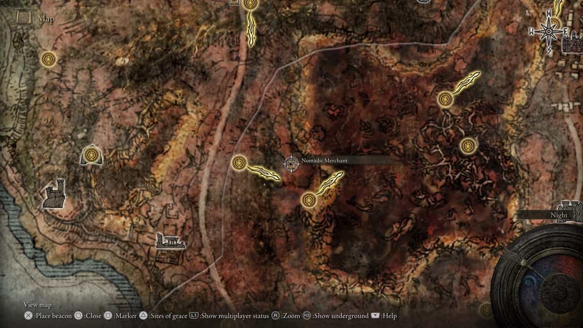 The location of the Nomadic Merchant in West Caelid.
