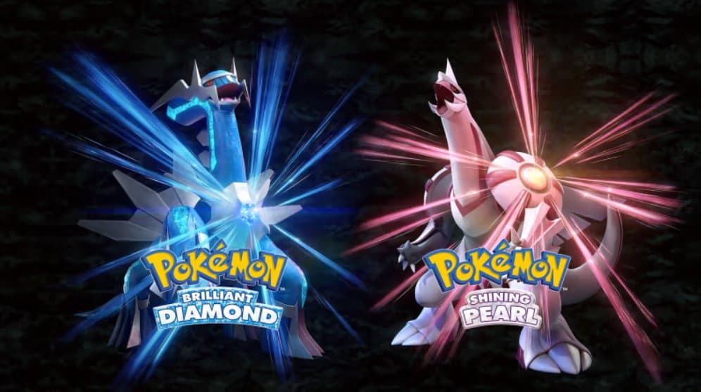Dialga on the left and Palkia on the right with the game titles below them.