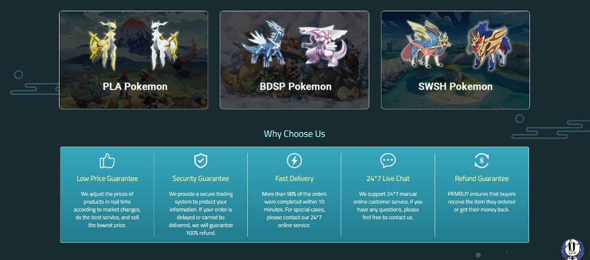 Cropped image of PKMbuy's homepage showing available games they deal with and information about their process.