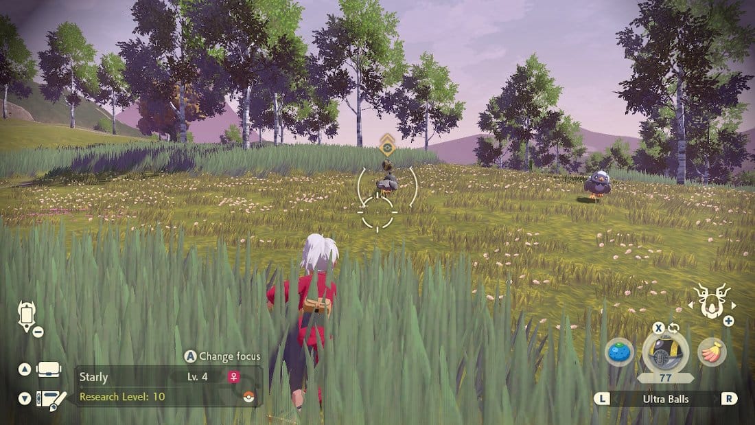 A player throwing an Ultra Ball at a Starly while hiding in tall grass.