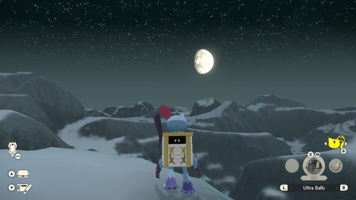 A player riding Sneasler looking at a full moon from atop a mountain.