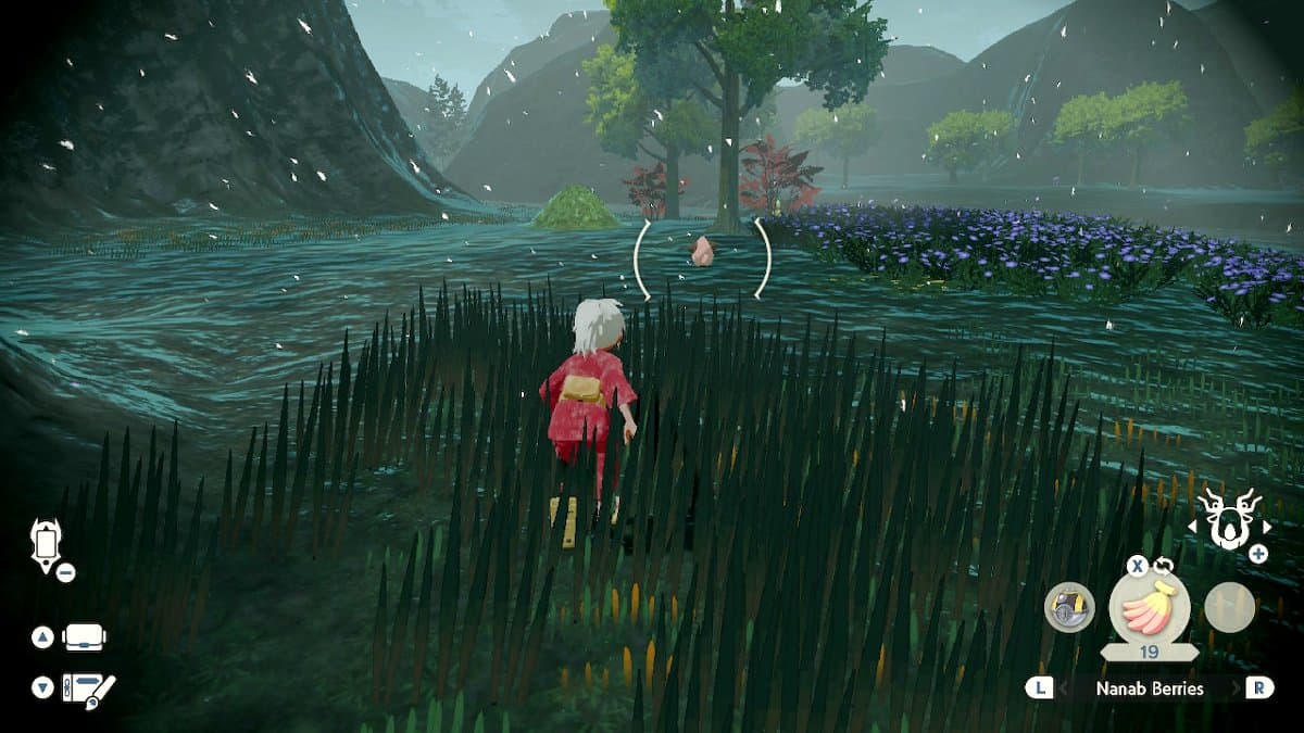 A player hiding in tall grass and following a Cleffa at night.
