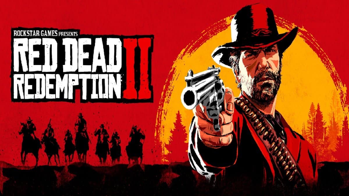 Red Dead Redemption 2 banner showing characters with a gun and people on horses.