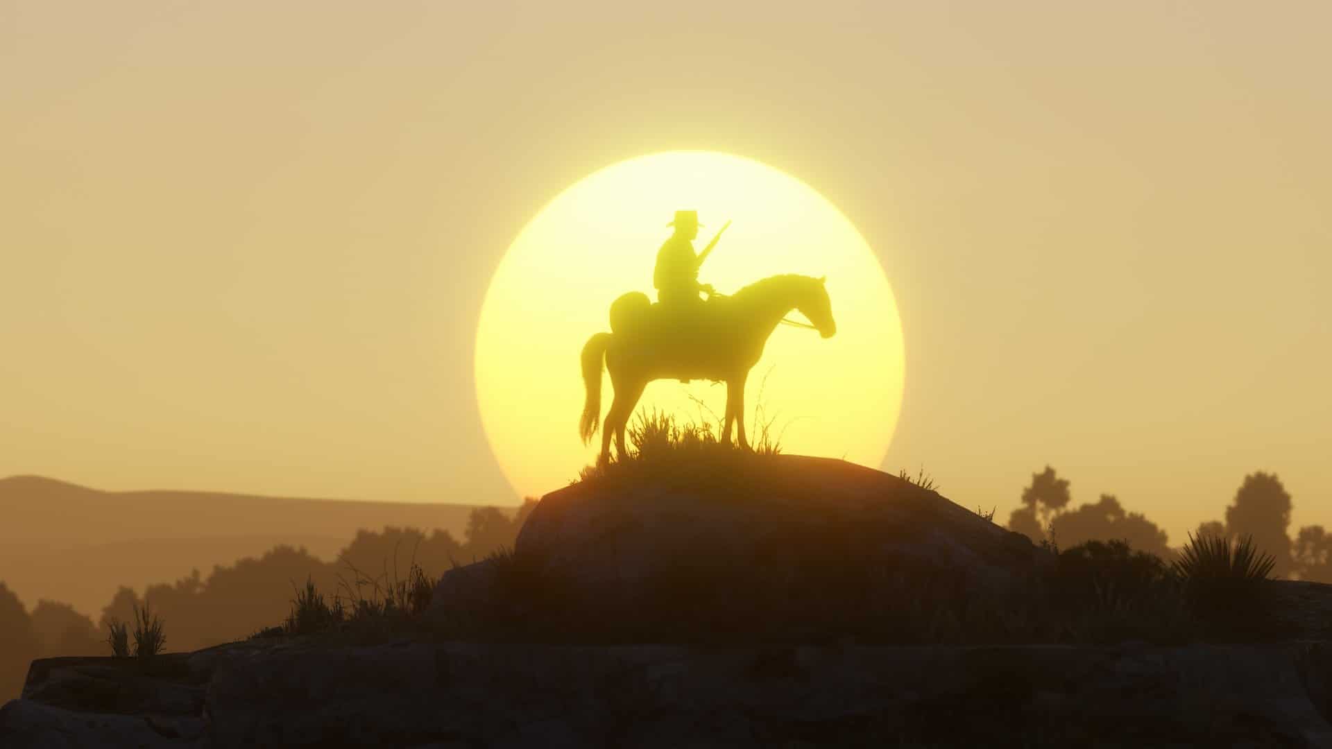 Man on horse with sun setting in background from Red Dead Redemption 2.