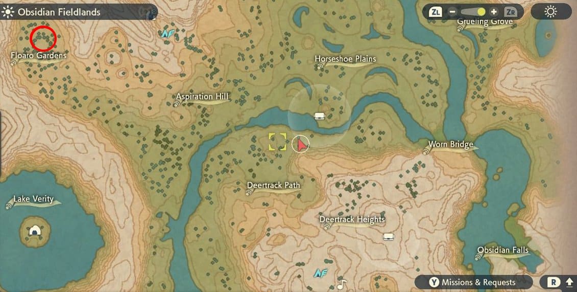 A red circle on the map showing where Shaymin spawns in the Obsidian Fieldlands.