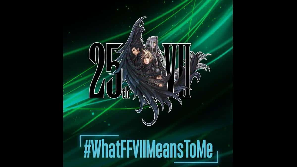Final Fantasy 7 25th anniversary celebration cover photo with #WhatFFVIIMeansToMe logo.