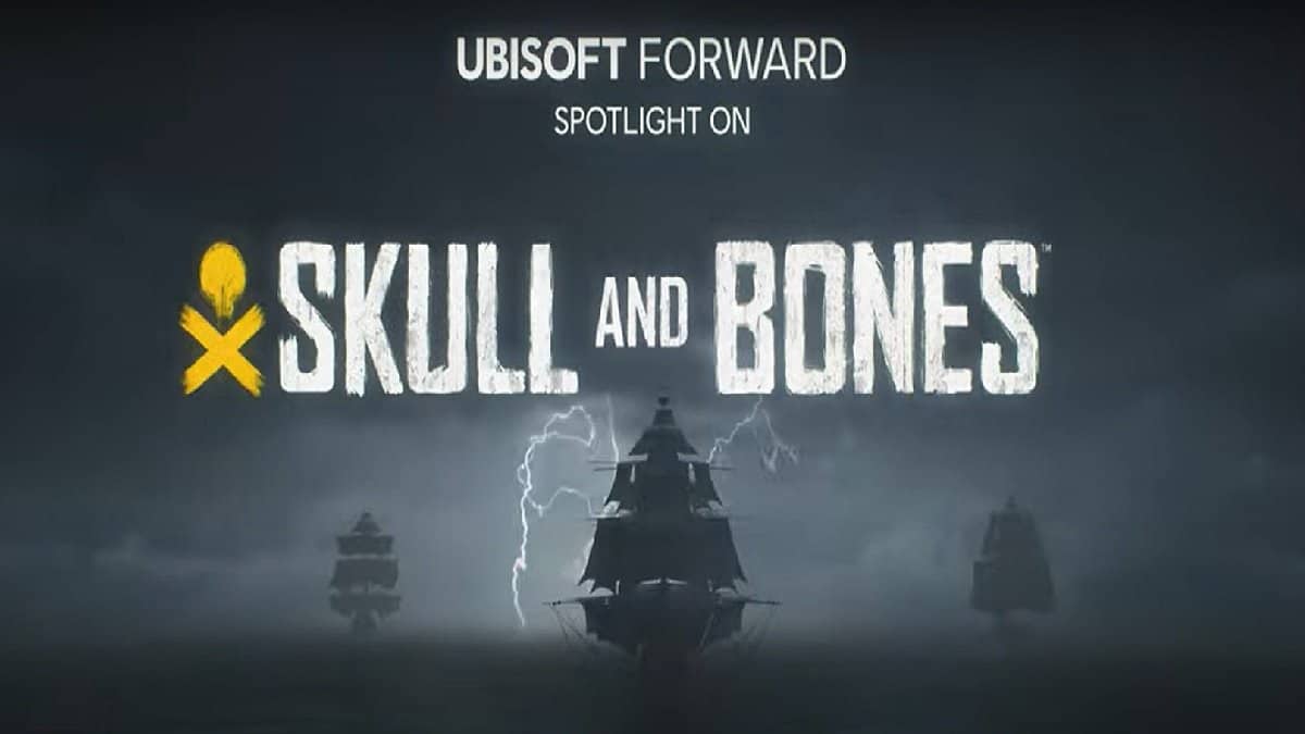 Skull and Bones title over ships in a stormy sea.