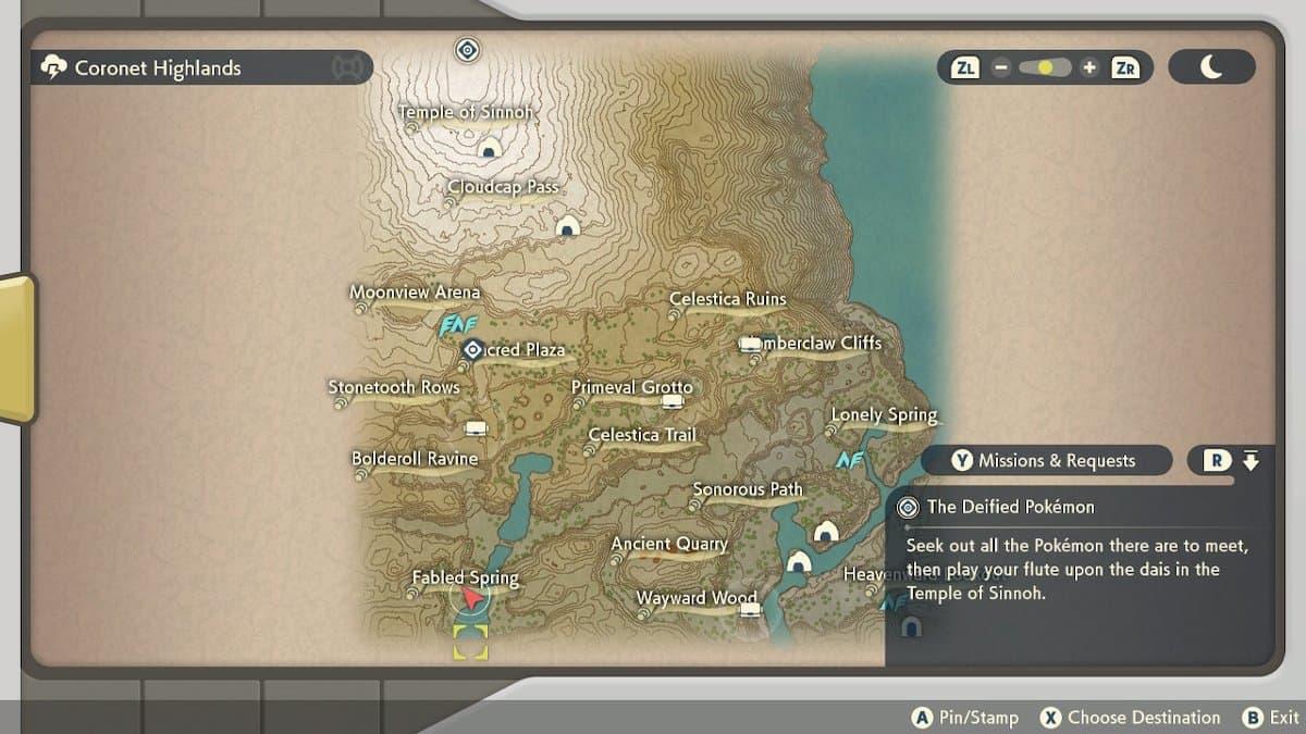 The area where you can find Cleffa in the Coronet Highlands marked with a player location red arrow.