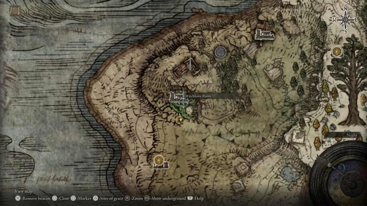 Witchbane Ruins shown on the map.