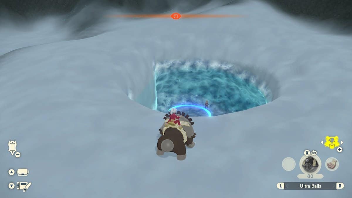 The player riding Ursaluna finding Zeke in an icy hole. There are blue signals being emitted by Ursaluna's nose.
