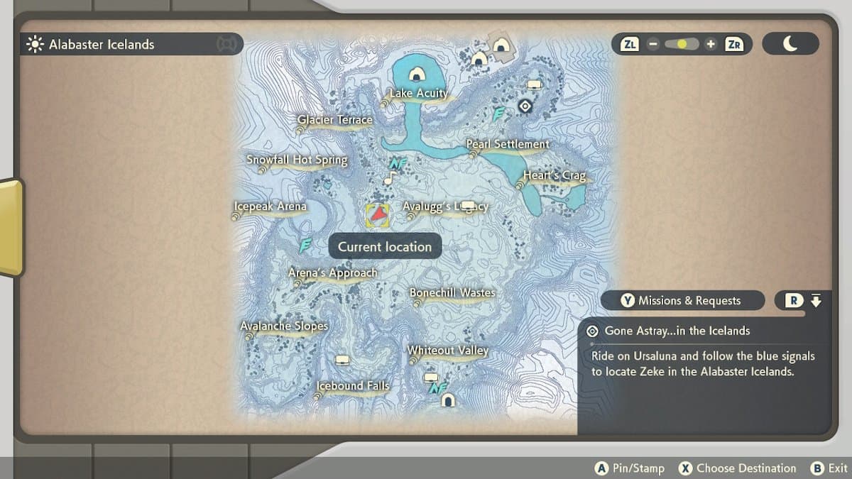 A red arrow on the Alabaster Icelands map indicating both the player's location and where to find the NPC named Zeke during request #86.